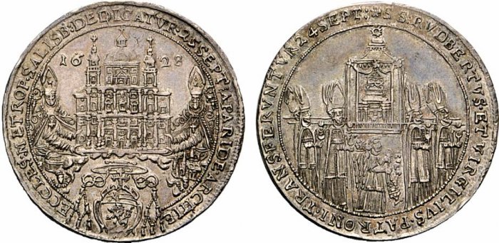 Vierteltaler 1628 auf die Domweihe. Eine der seltensten Kleinmünzen Salzburgs, in den letzten 60 Jahren nur 4 mal angeboten.